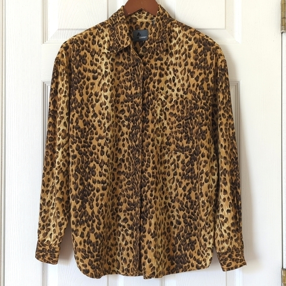 Liz Wear 90's Vintage Leopard Print Long Sleeve Button Down Shirt Brown Black M - Picture 1 of 12